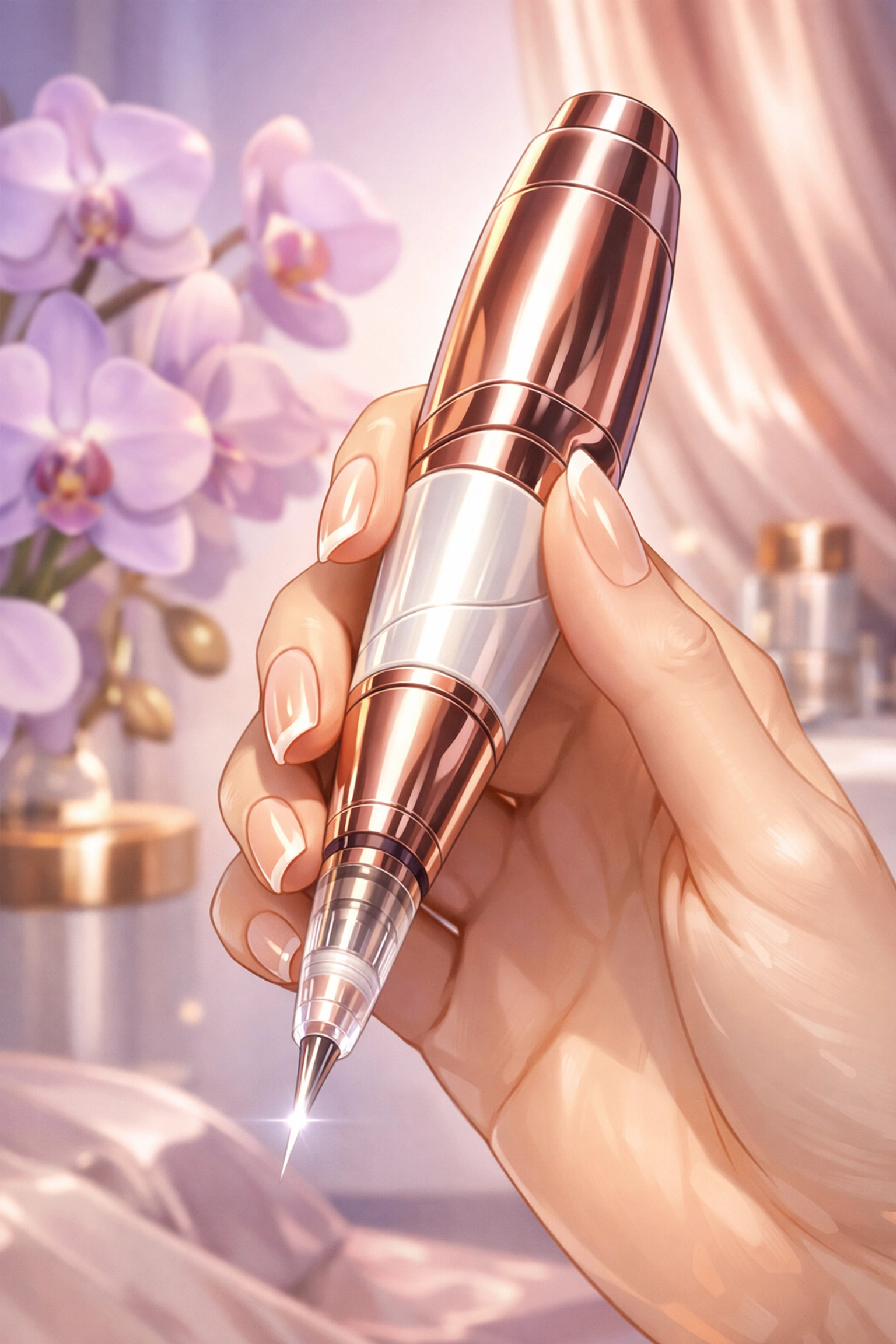 Professional nano brow machine in a luxury studio providing safe medical-grade permanent makeup in Bucks County.