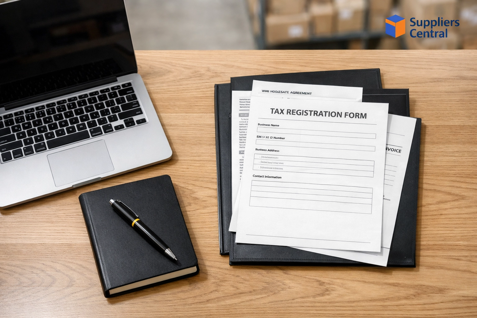 Professional workspace with business tax forms and laptop for sourcing Amazon FBA wholesale suppliers.