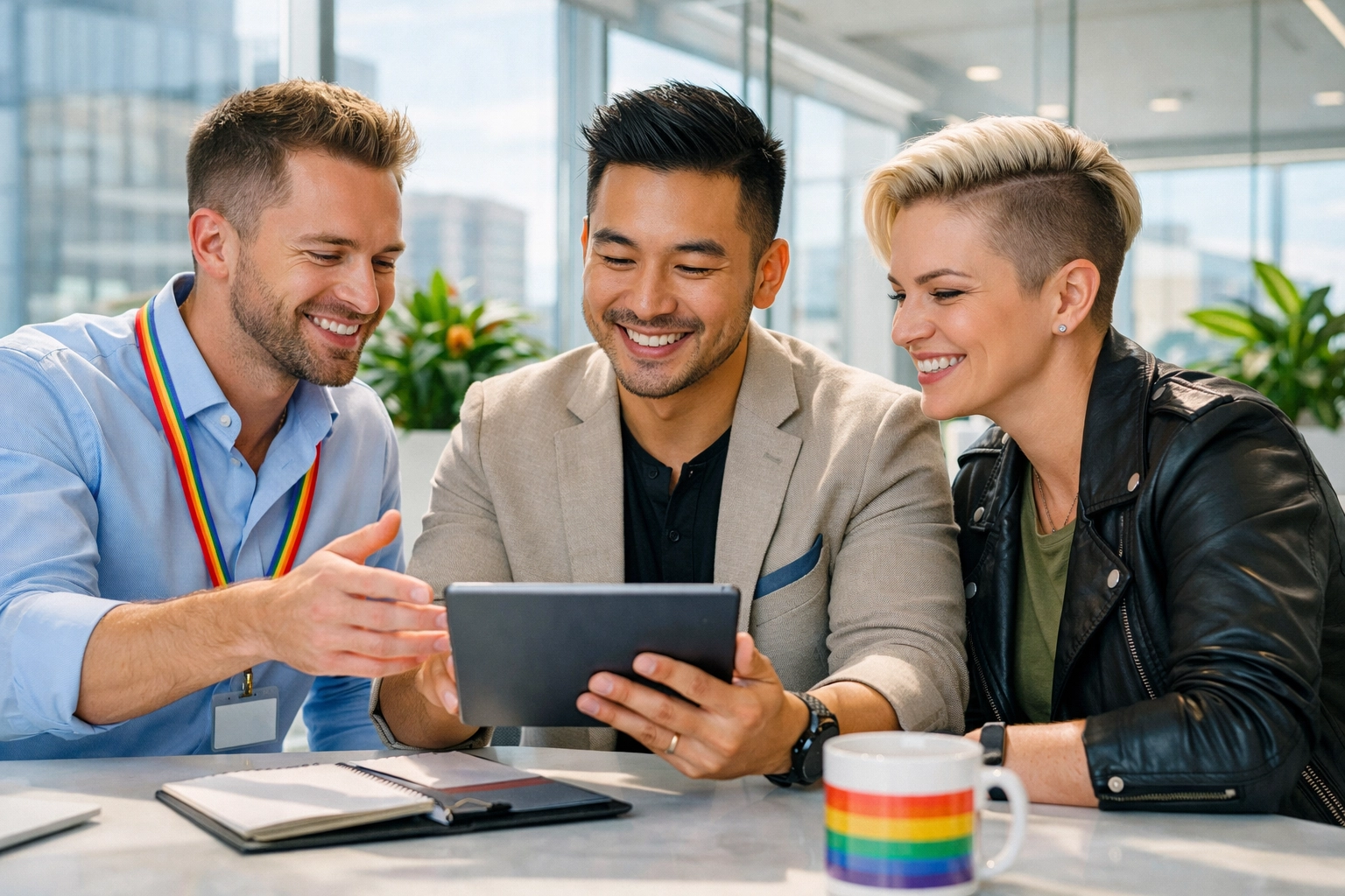 Diverse LGBTQ+ professionals collaborating in a modern office, representing queer leadership and career growth.