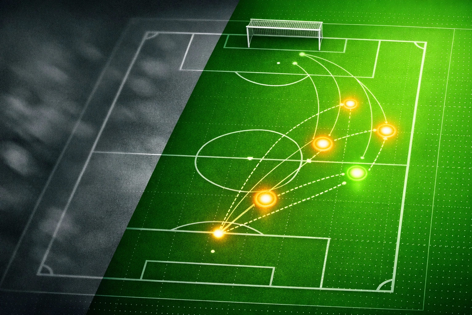 Football pitch tactical view highlighting expected goals (xG) data nodes and scoring potential for bettors.