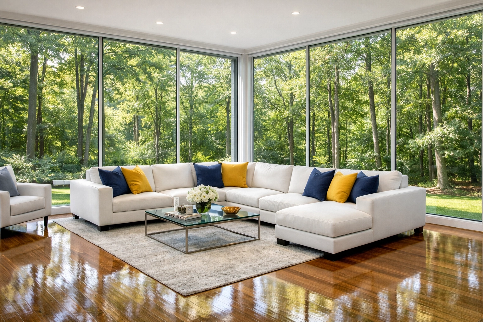 Immaculate living room in Dover MA with sparkling hardwood floors, maintained by a professional house cleaner.