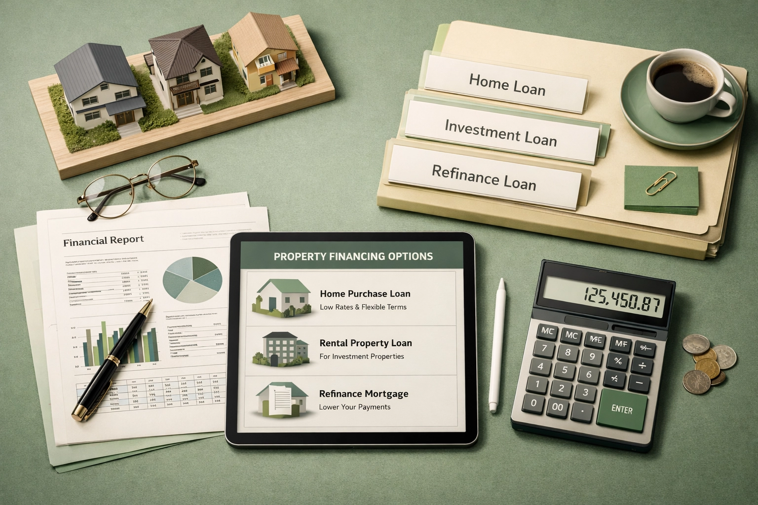 Investment property financial planning documents and calculator on organized desk