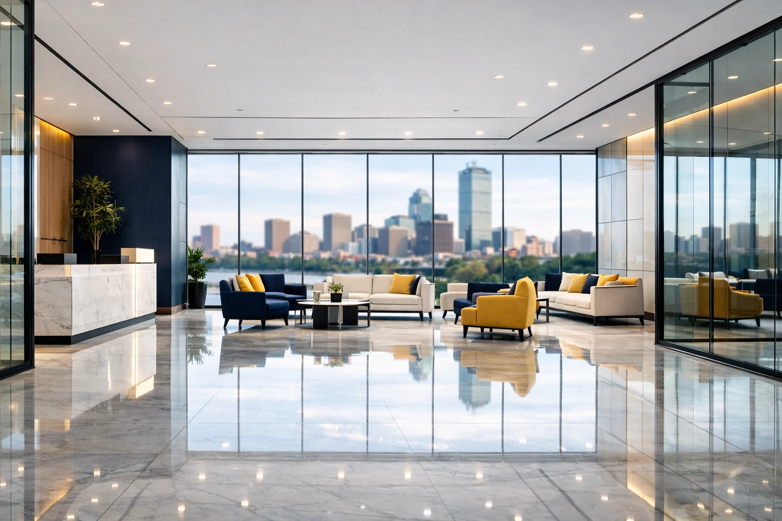 Pristine corporate lobby in Boston showing high-quality janitorial services Massachusetts businesses trust.