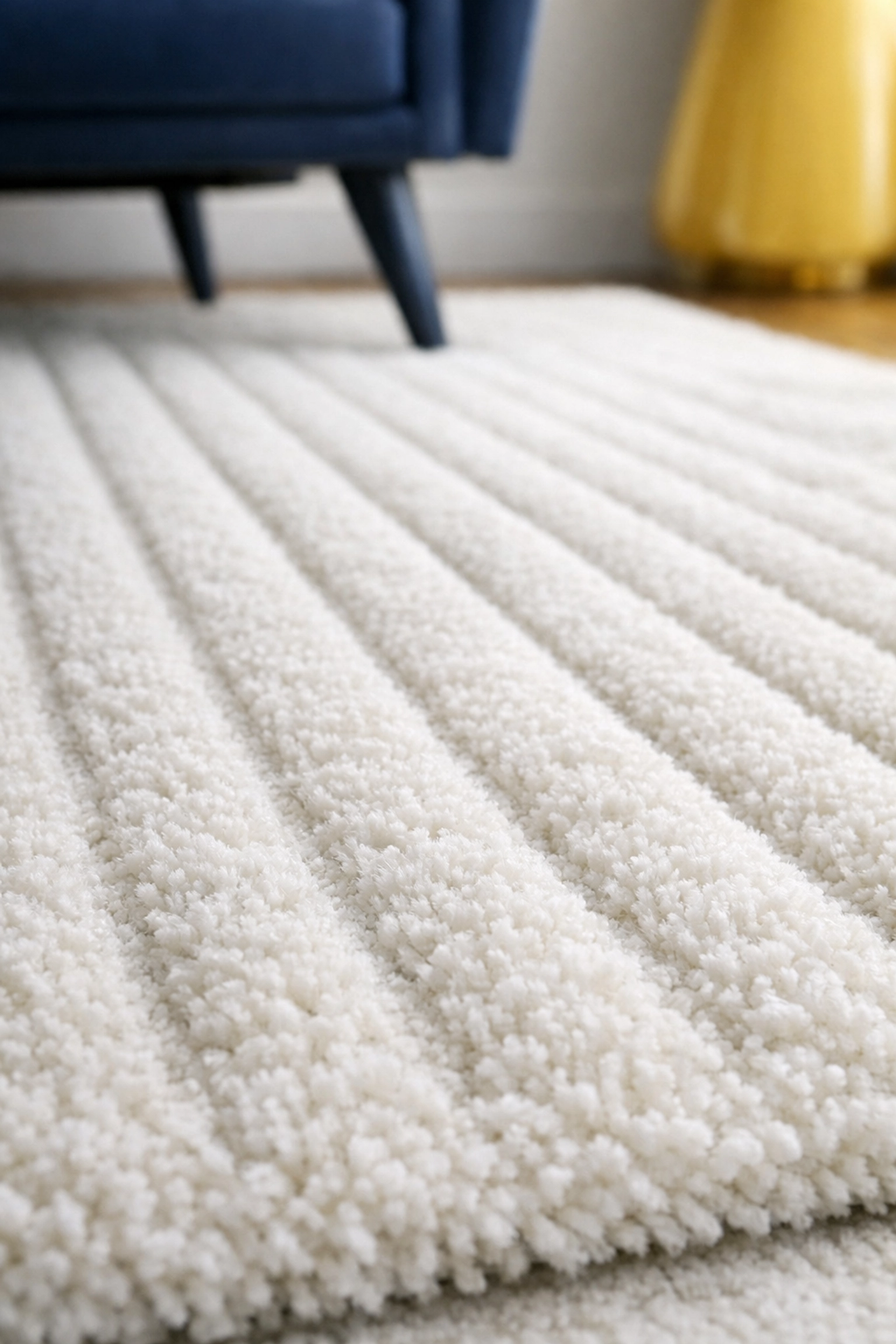 Close-up of crisp vacuum lines on a white area rug, highlighting professional attention to cleaning detail.