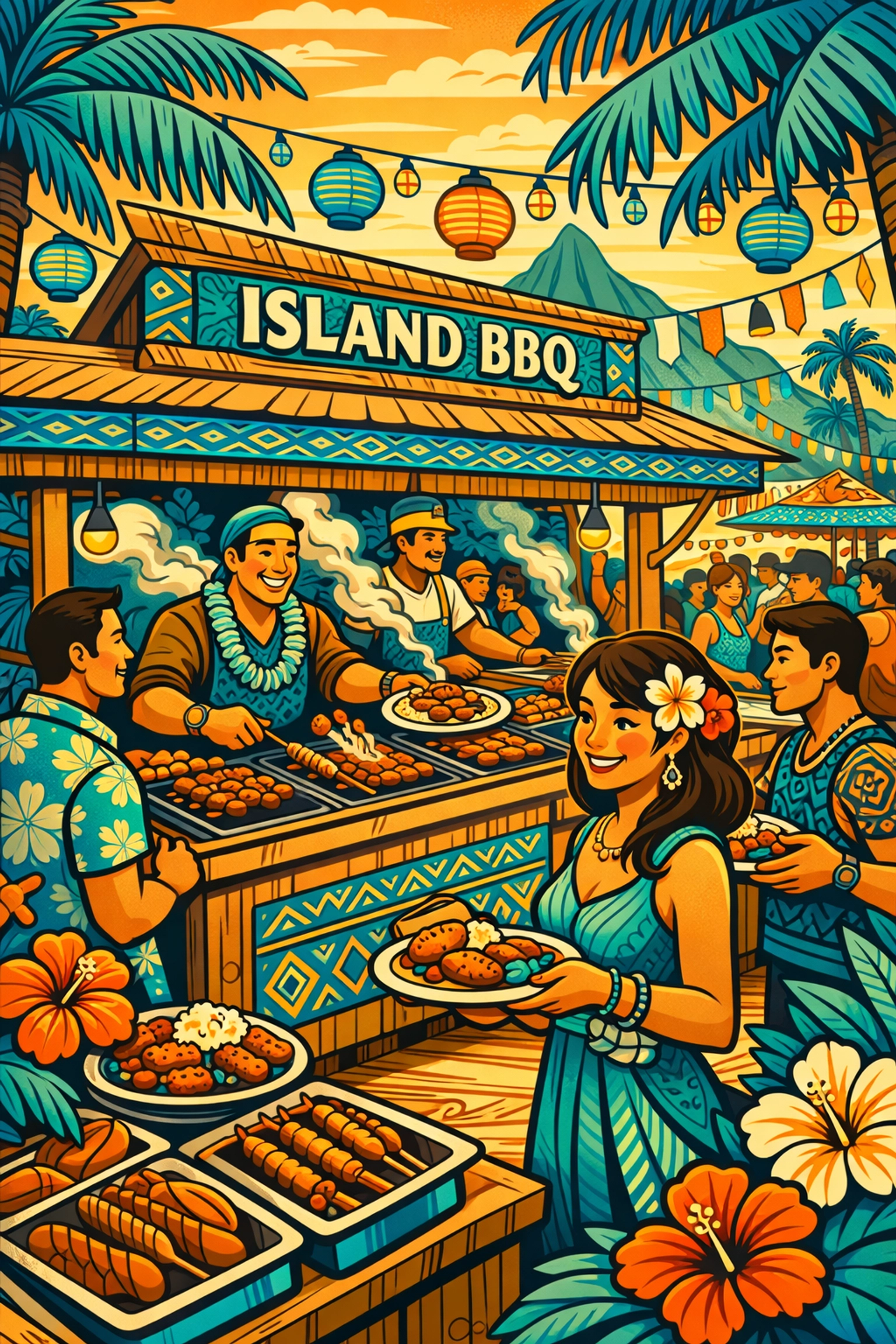 Vibrant Talofa Fest marketplace with Polynesian food stalls serving traditional island BBQ.