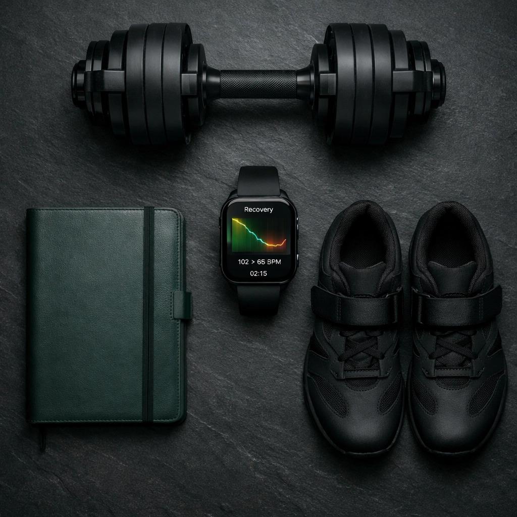 Fitness tracker, dumbbells, and a journal arranged to represent workout planning and recovery data.