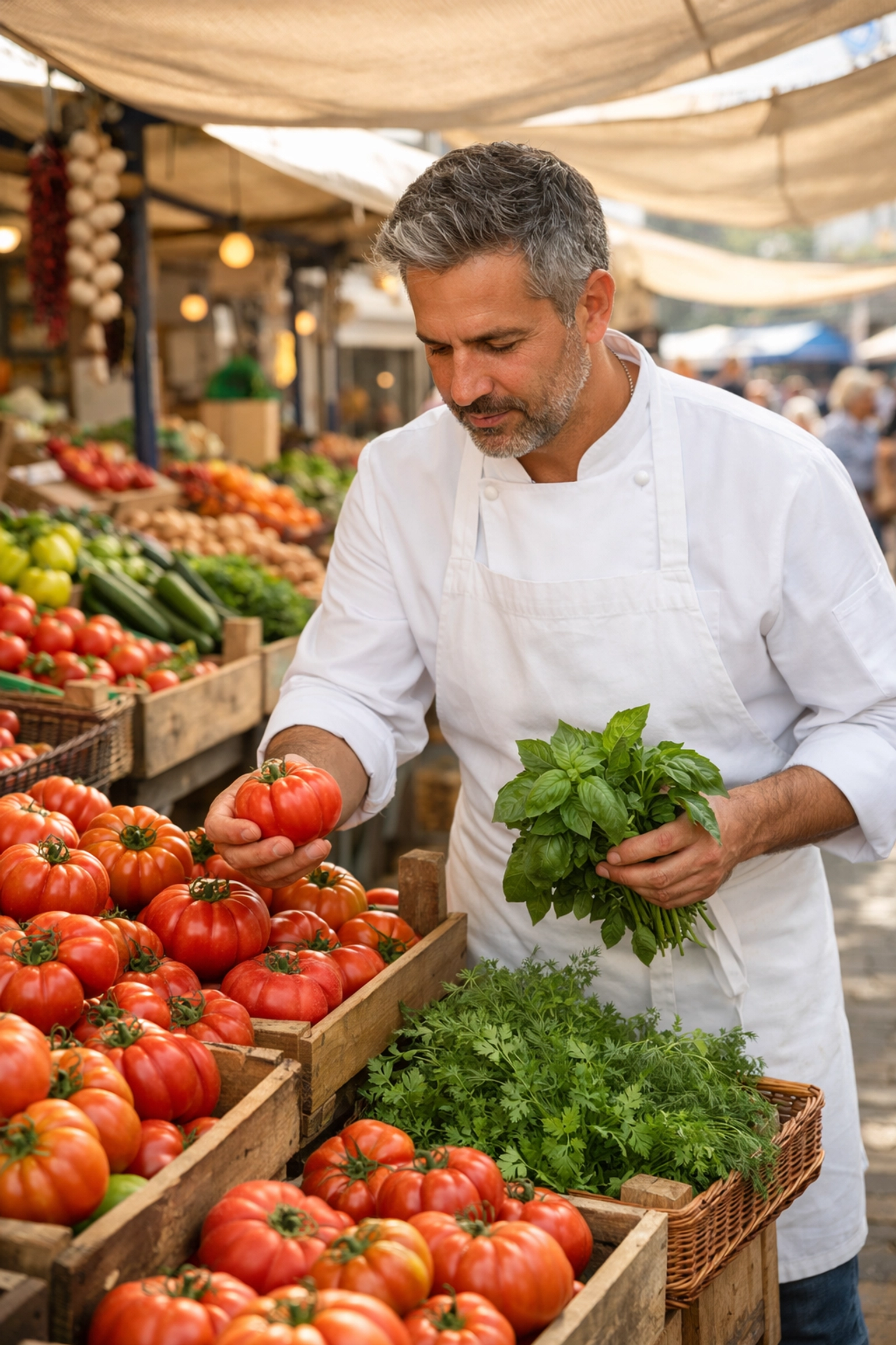 Local chef selecting fresh produce at a vibrant Mediterranean market for an authentic dining experience.