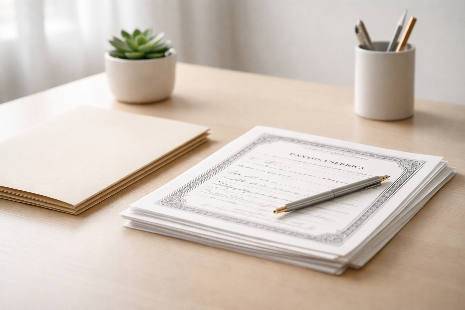 Organized desk with birth and marriage certificates, highlighting certified copy requirements in Alaska.