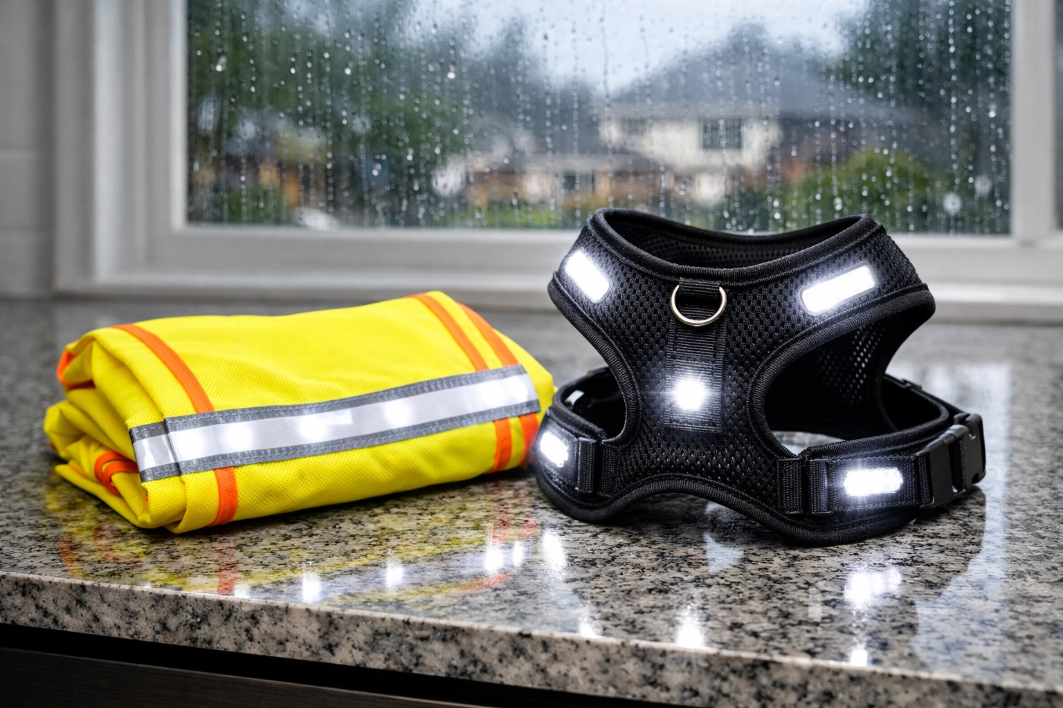 Yellow LED safety vest and black mesh dog harness with white lights for hurricane preparedness and pet safety.