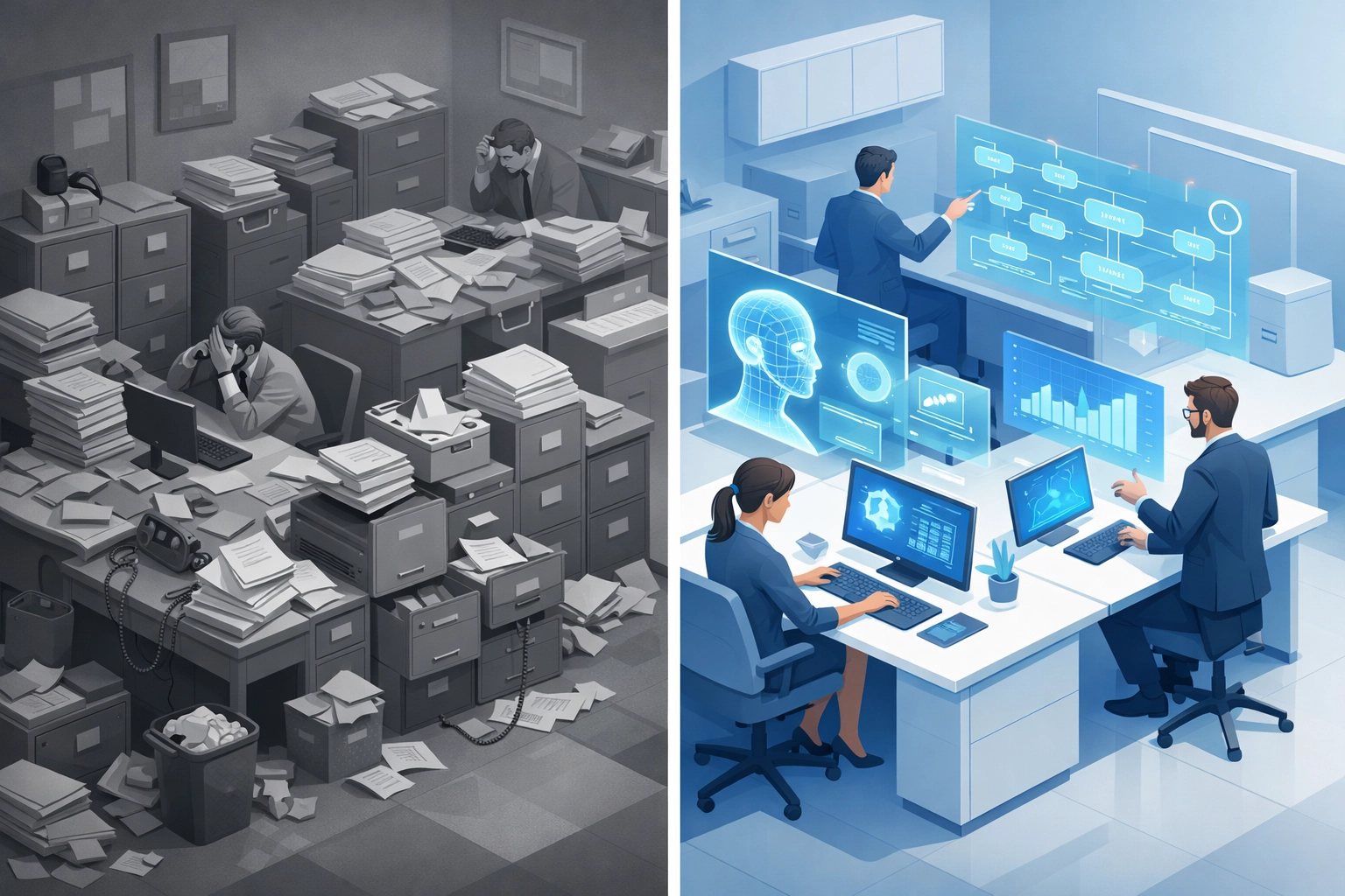 Manual workflow chaos transformed into efficient AI-automated service business operations