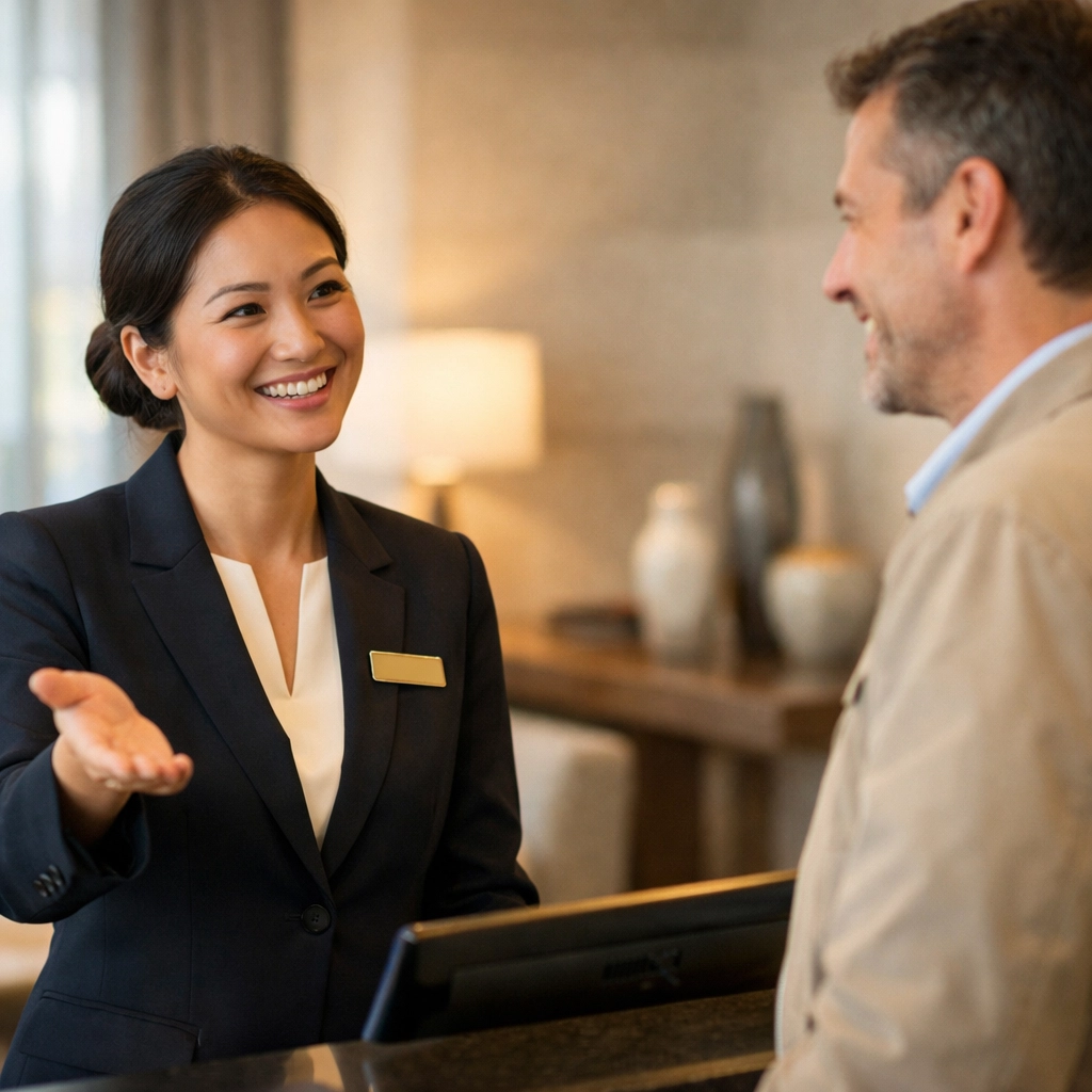 Hotel staff member providing personalized guest service in contemporary lobby
