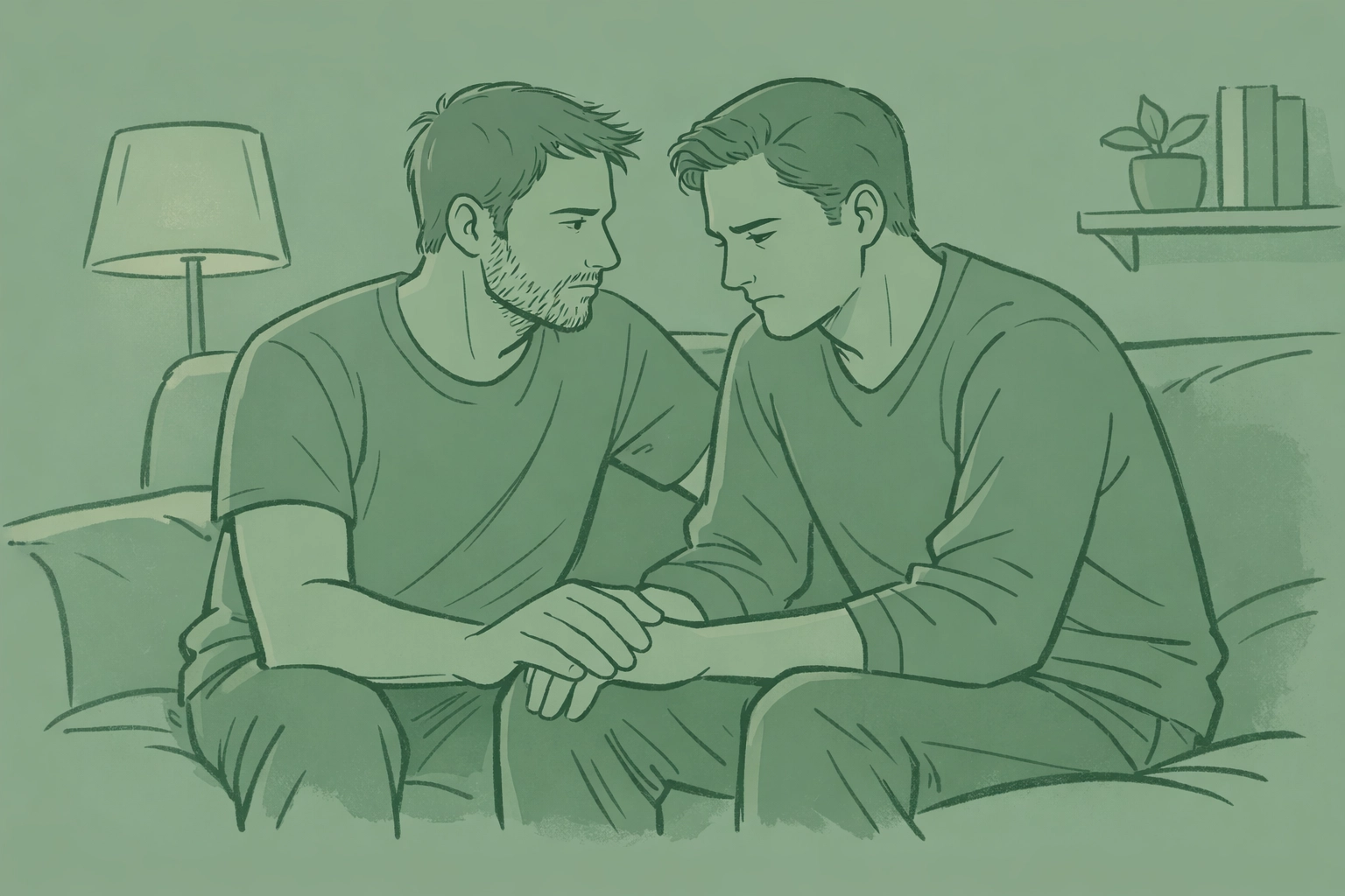 Two men in intimate conversation showing vulnerability and commitment in MM romance relationship
