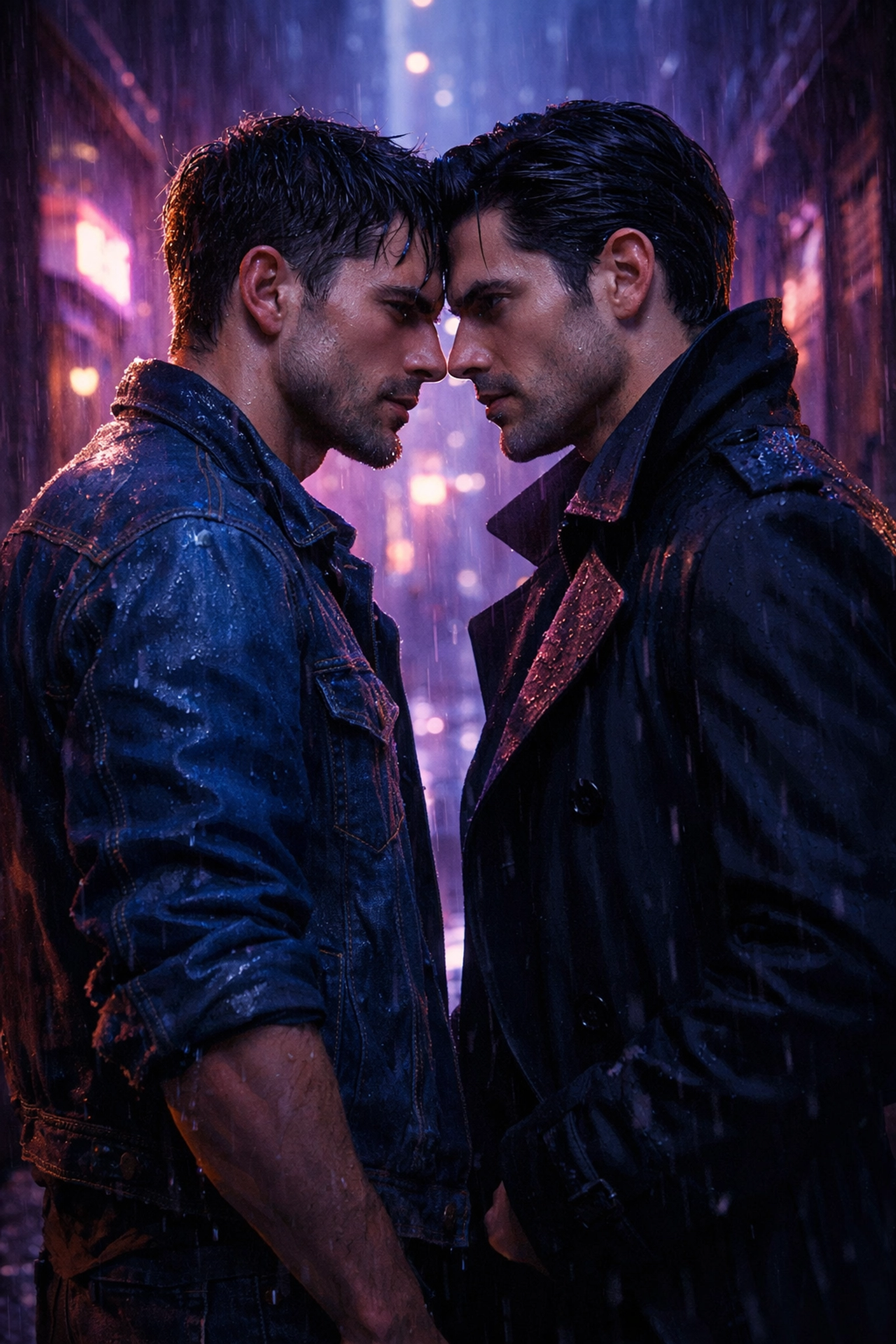 Dramatic enemies to lovers trope illustration for a popular gay romance novel.