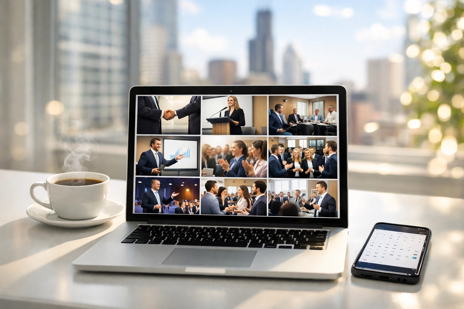 Digital gallery of professional corporate photography services showing networking and keynote speaker shots.