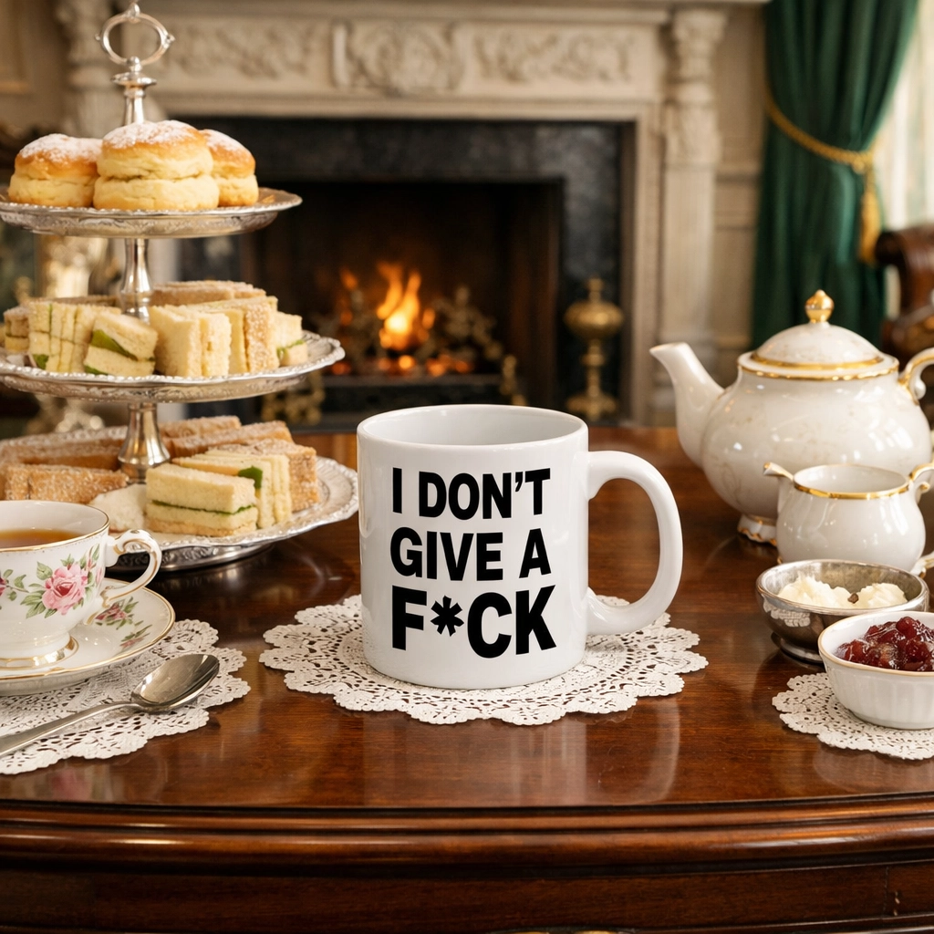 Posh British tea setting in a formal drawing room, perfect for displaying a funny rude mug.
