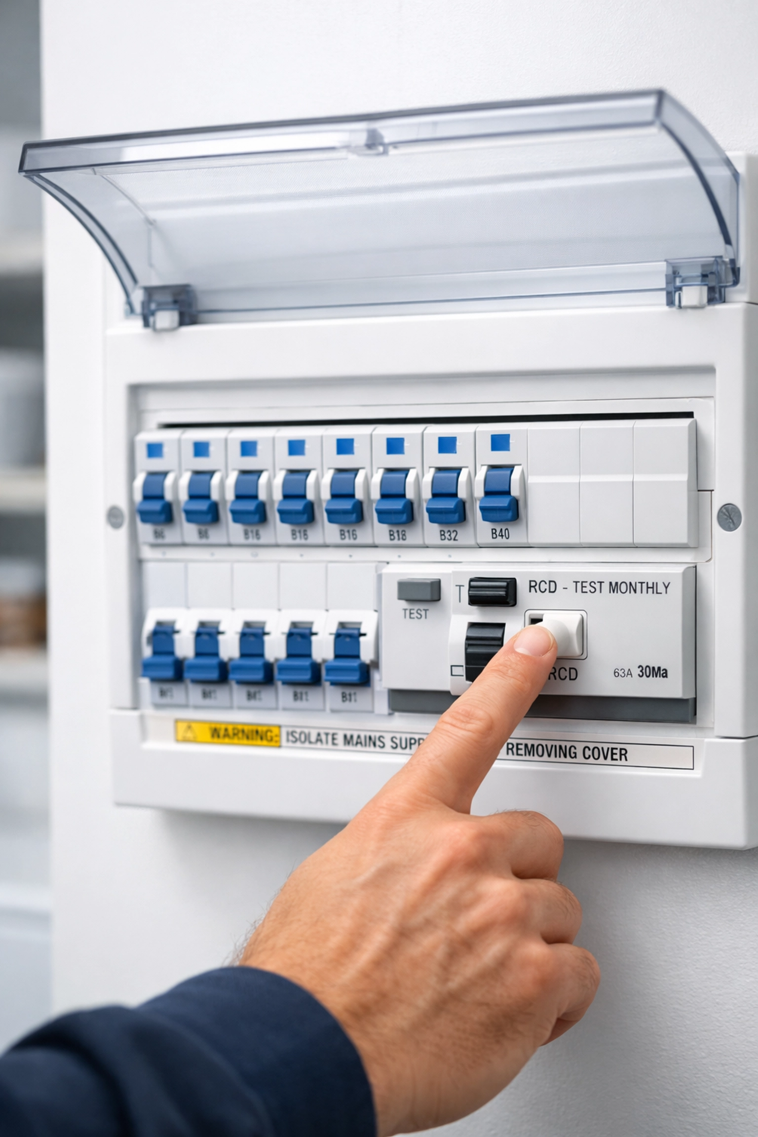 Electrician testing a modern consumer unit with RCD protection as part of a safety upgrade in Poole.