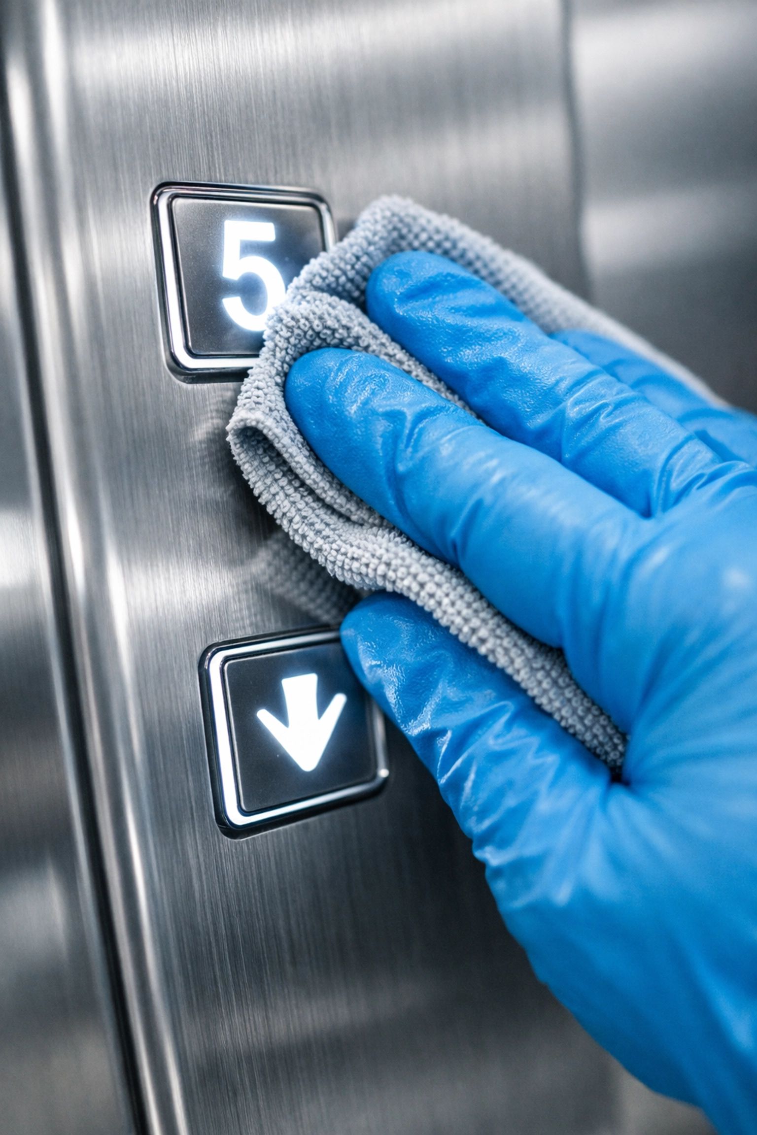 Close-up of a gloved hand disinfecting an office elevator panel with a microfiber cloth.