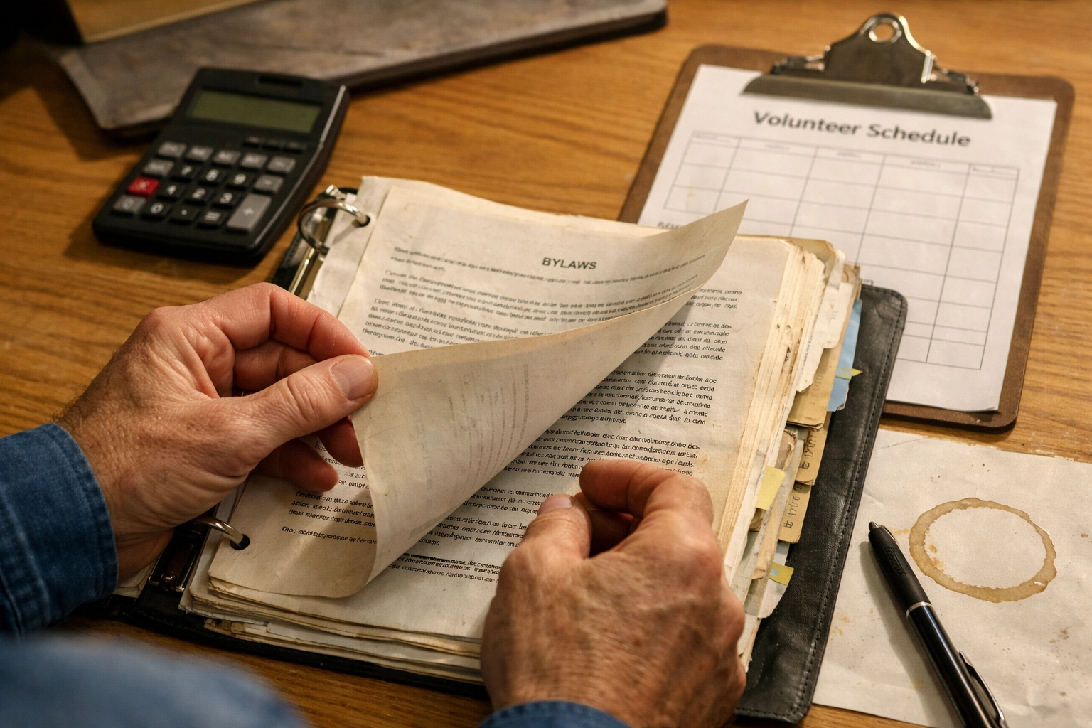 Meeting agenda papers and a binder on a rustic wooden table with a coffee mug nearby.