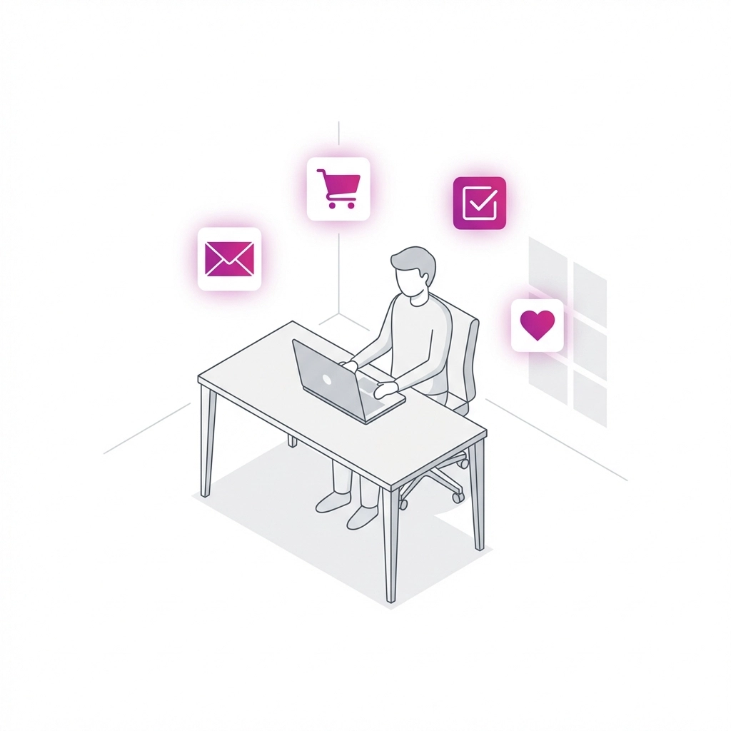 Small business owner at a desk with icons representing first-party data sources like email and shopping cart