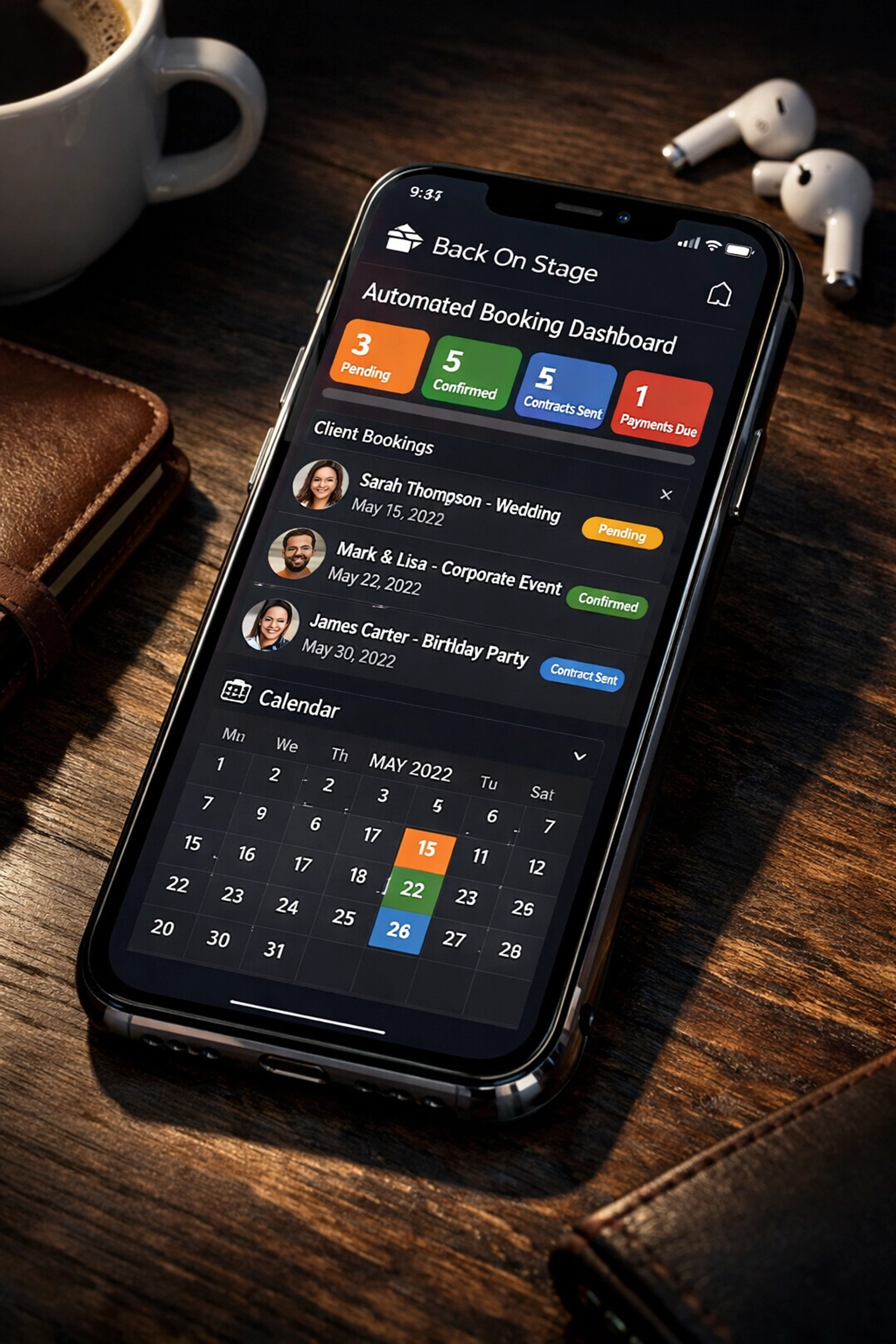 Back On Stage app interface showing automated booking dashboard with client management and calendar features