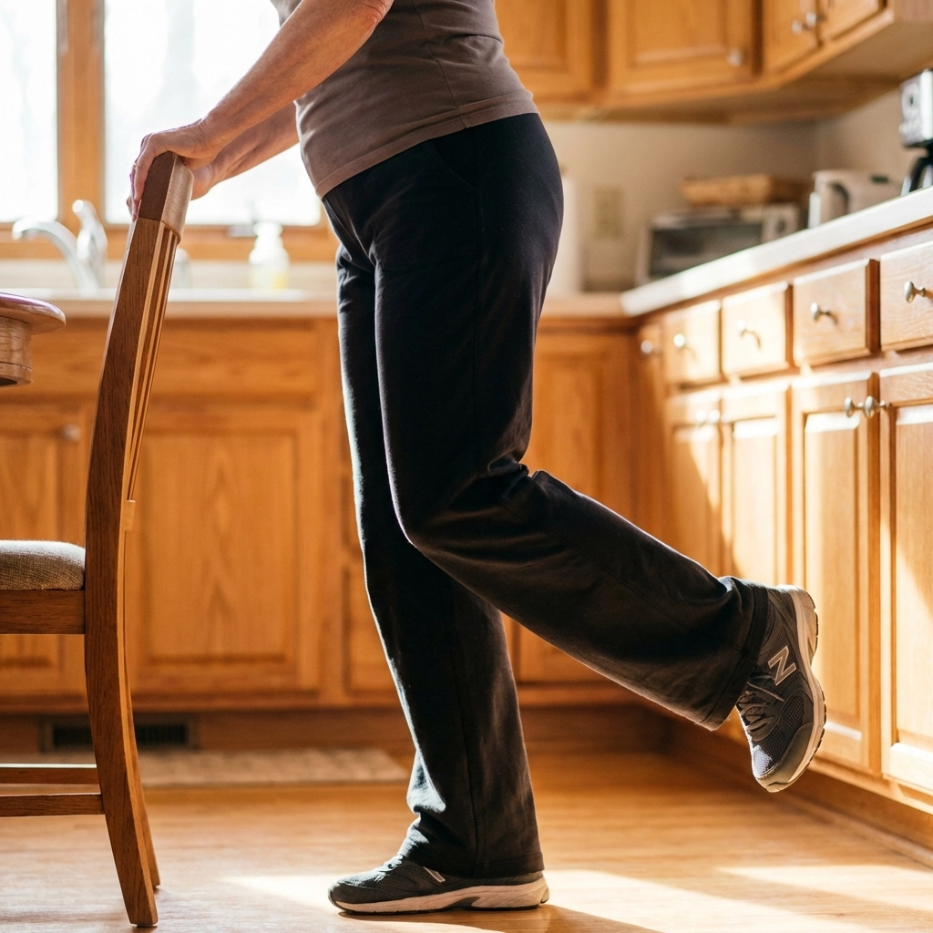 Senior woman doing side leg raise exercise with chair support to improve stability