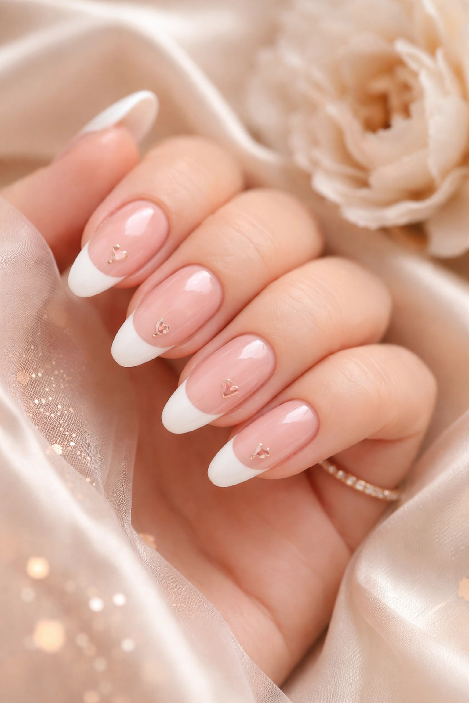 Luxurious French tip manicure with micro heart embellishments and metallic accents, perfect for elegant looks near Norwood MA.