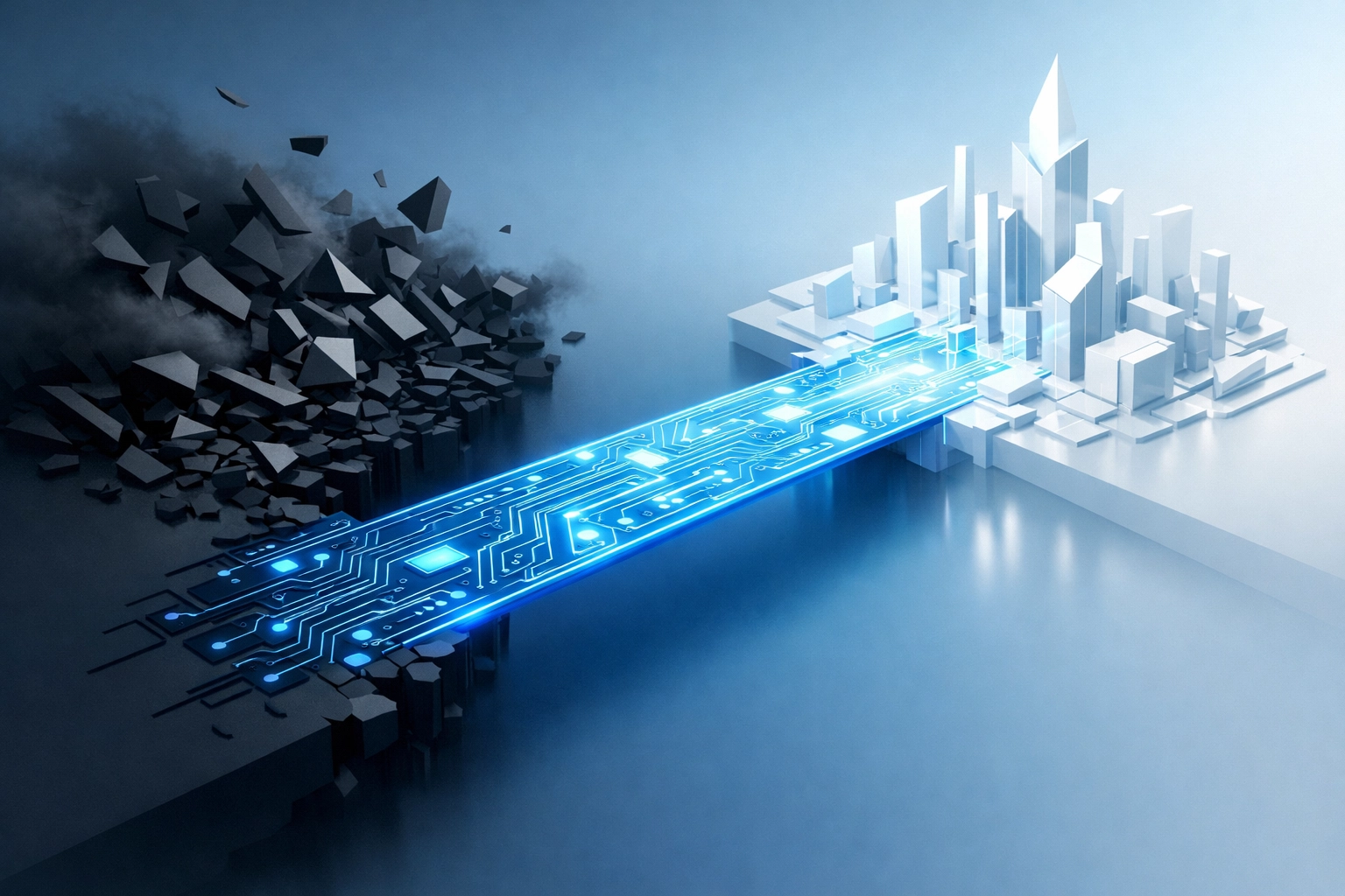 Digital bridge illustrating the transition from chaotic manual workflows to streamlined business process automation.