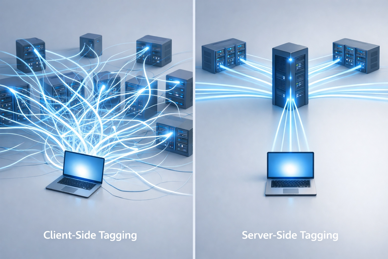 Comparison of client-side versus server-side Google Tag Manager data routing and architecture