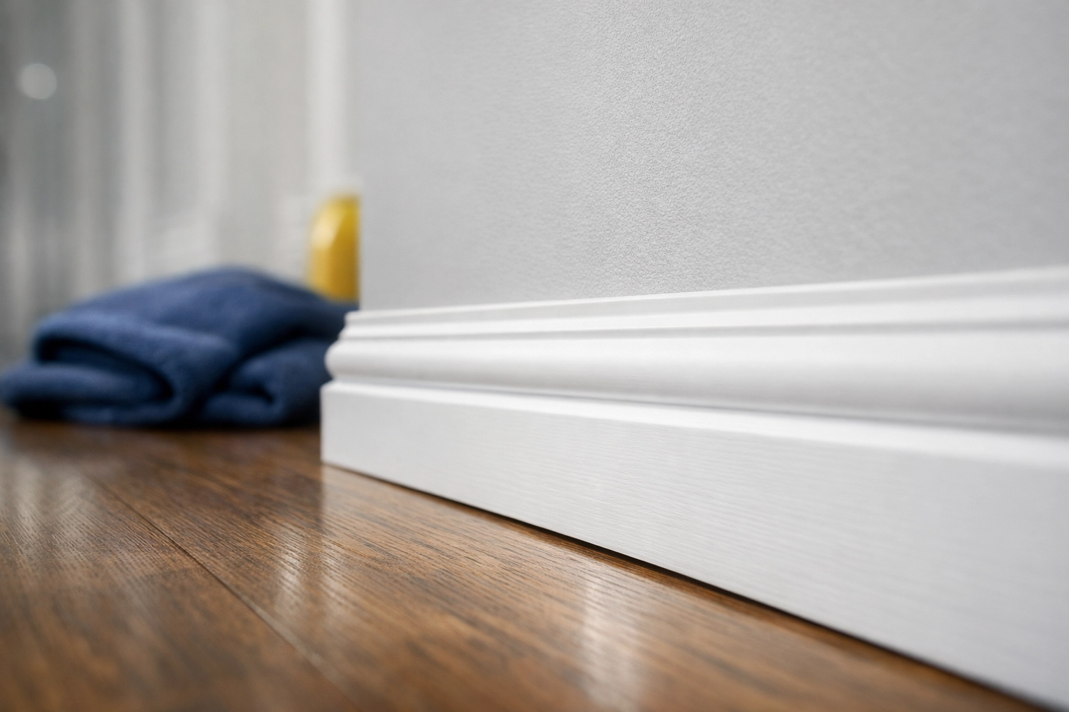 Detail of dust-free baseboards and hardwood floors after professional apartment cleaning in Boston.