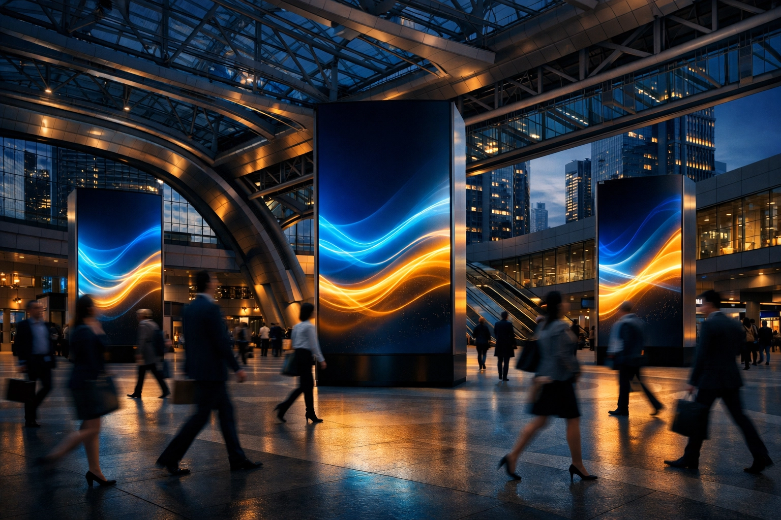 High-end digital signage pylon displays in an urban transit hub driving dynamic brand engagement.