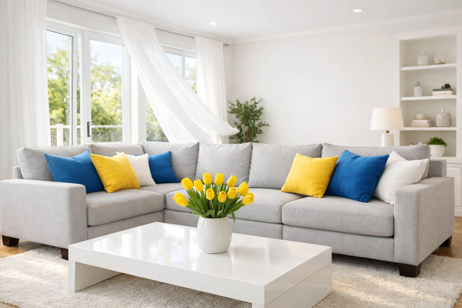 A clean, sunlit living room with a refreshed grey sectional sofa and bright decorative pillows.