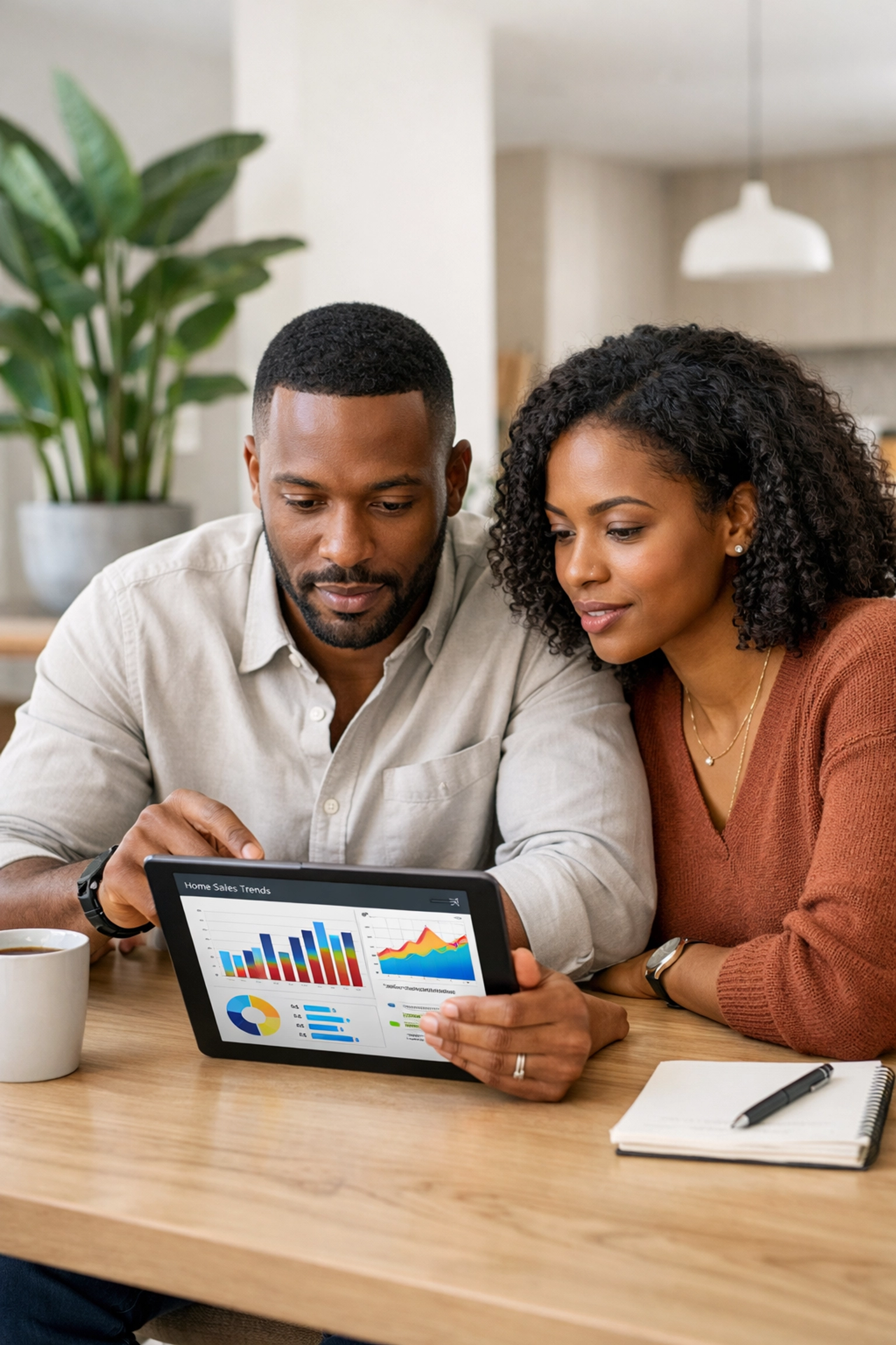 Black couple reviewing Triangle real estate market trends and home value data on a tablet.