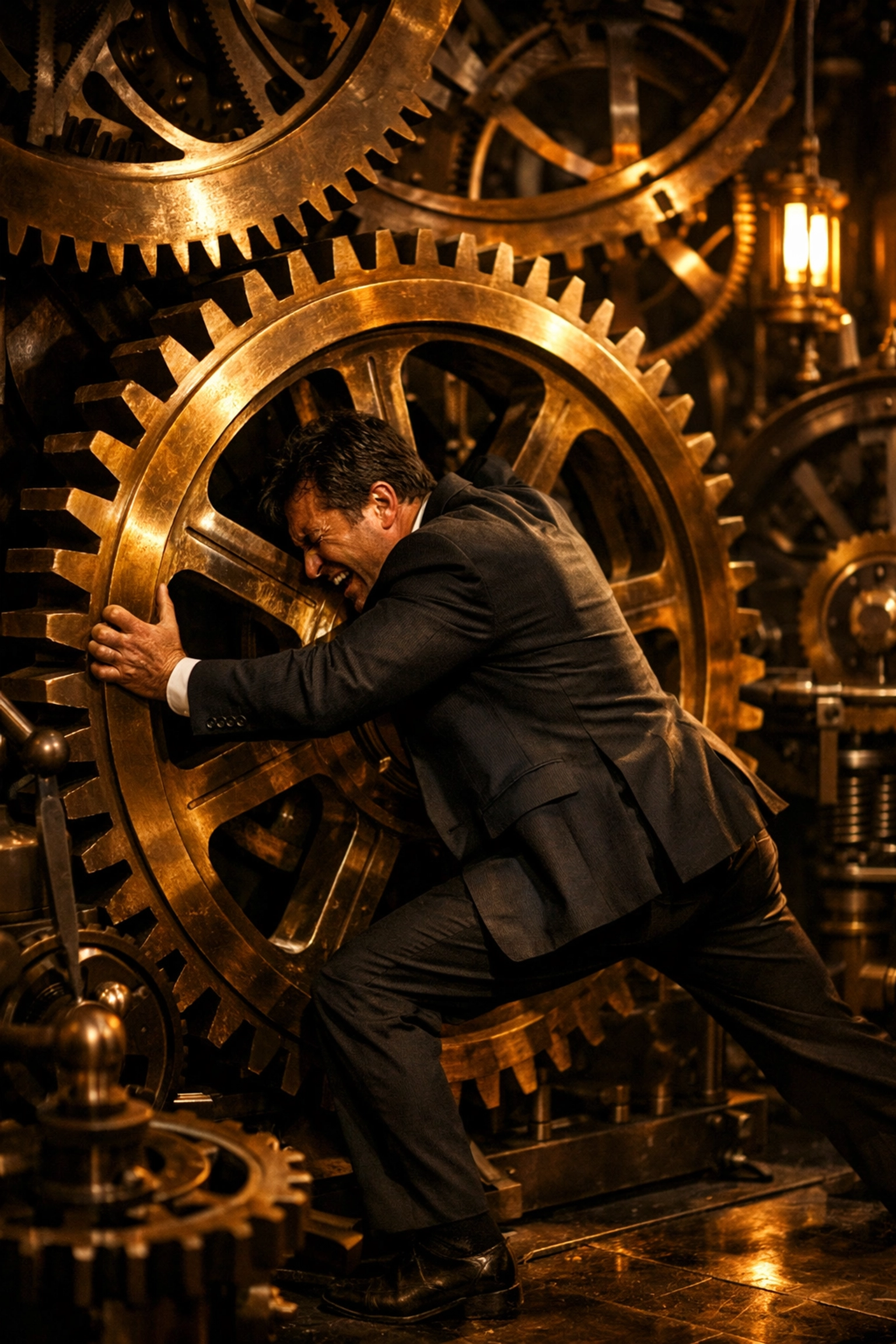 Business founder struggling as a bottleneck holding gears of a complex machine.