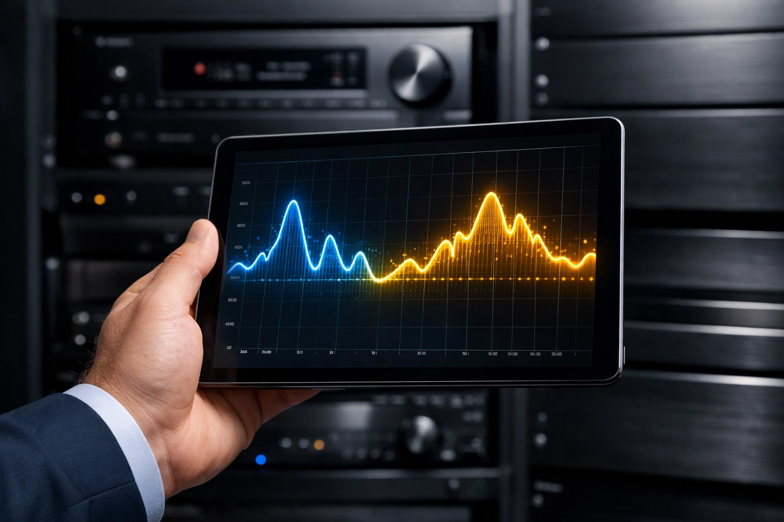 Digital frequency response curves on a tablet showing professional calibration for high end audio systems.