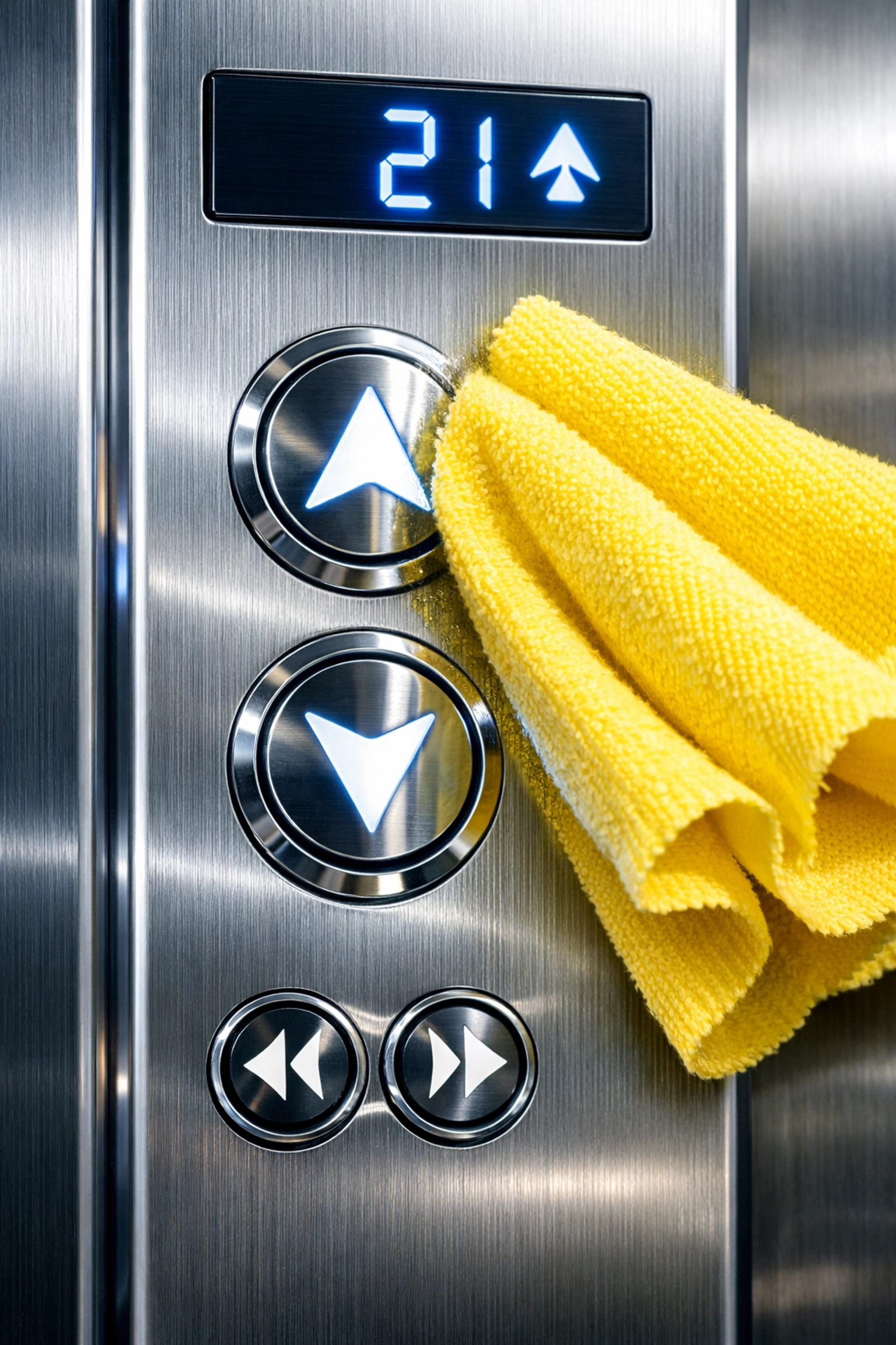 Disinfecting high-touch elevator buttons during a professional Boston office cleaning service.