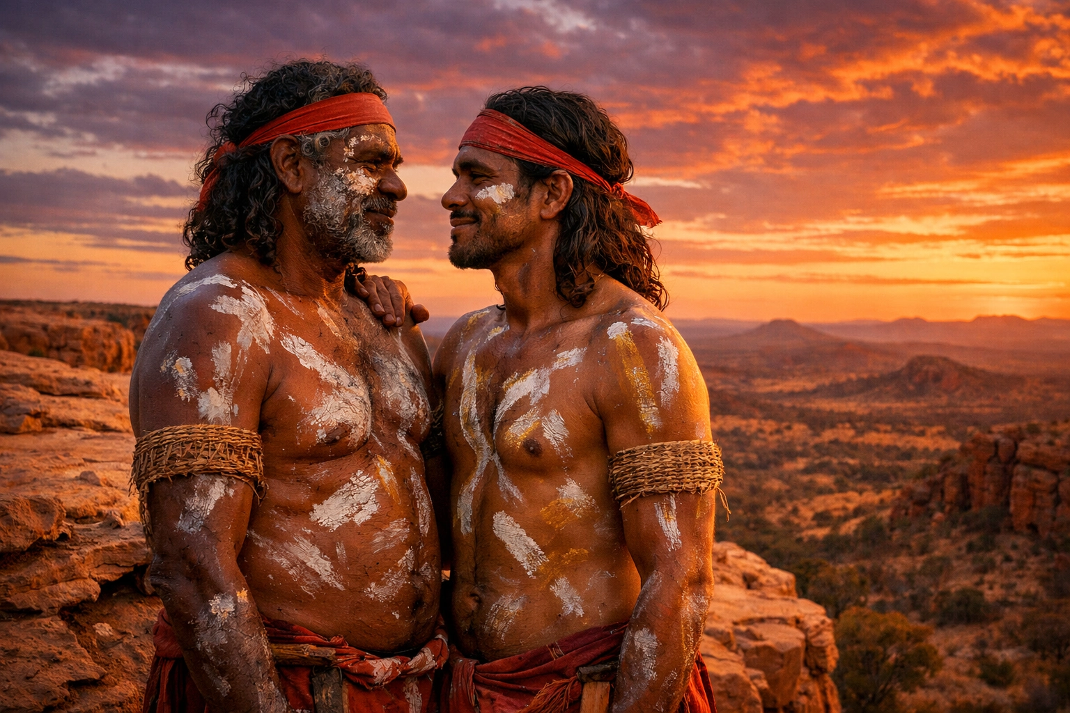 Two Indigenous Australian men in traditional paint at sunset, reflecting the ancient history of First Nations gay love.