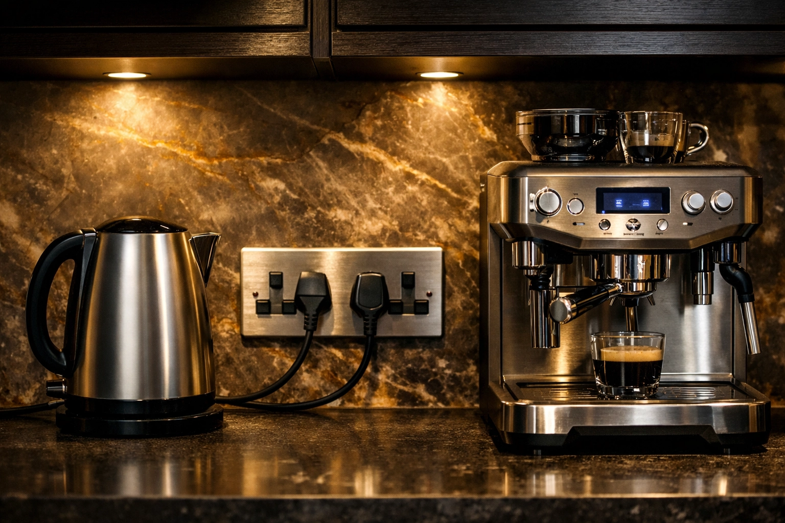 Modern kitchen appliances plugged into high-quality electrical sockets in a West Sussex home.