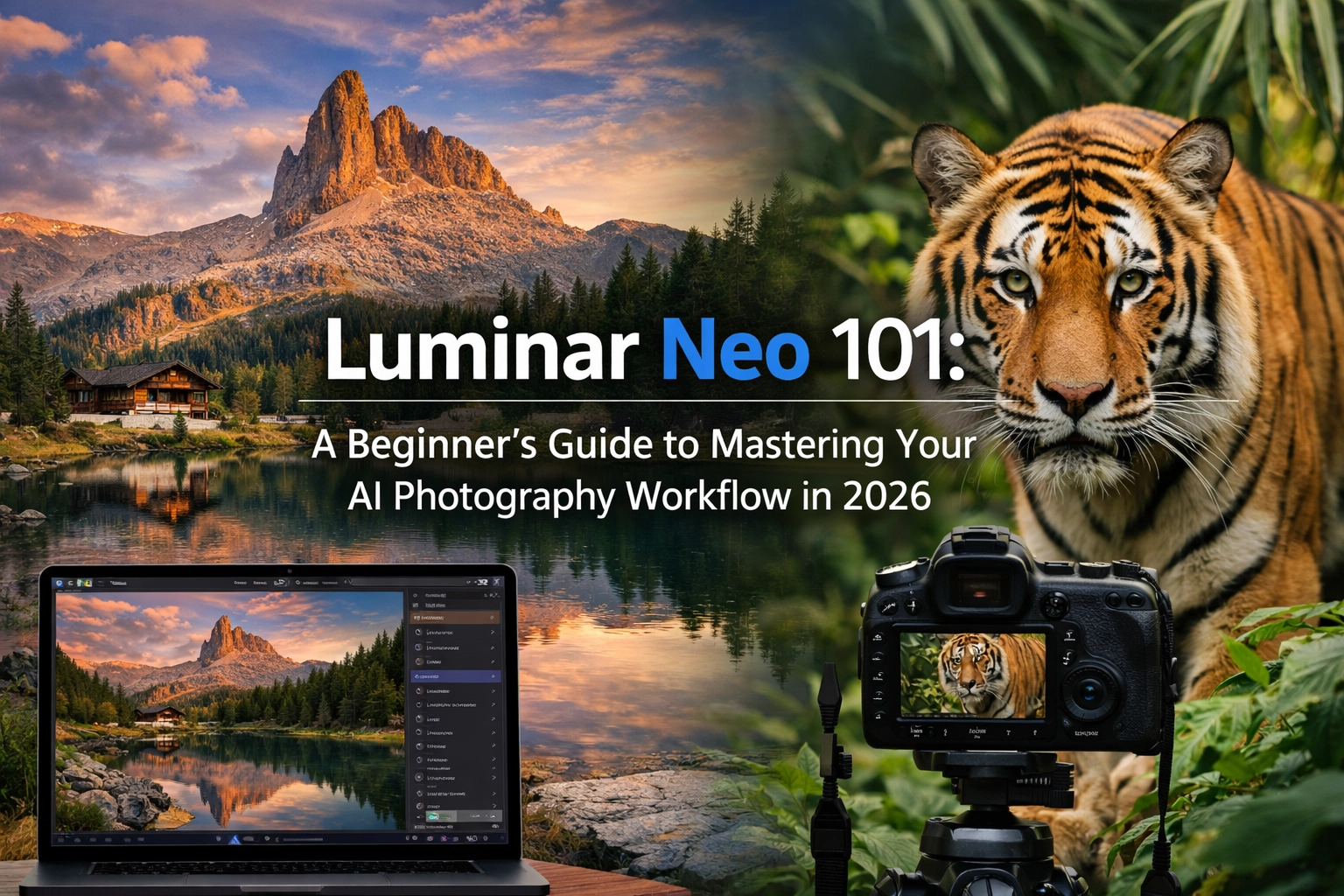 [HERO] A professional photographer sitting at a sleek desk in a modern studio, editing a breathtaking landscape photo on a large monitor using Luminar Neo, with soft natural light coming through a window.