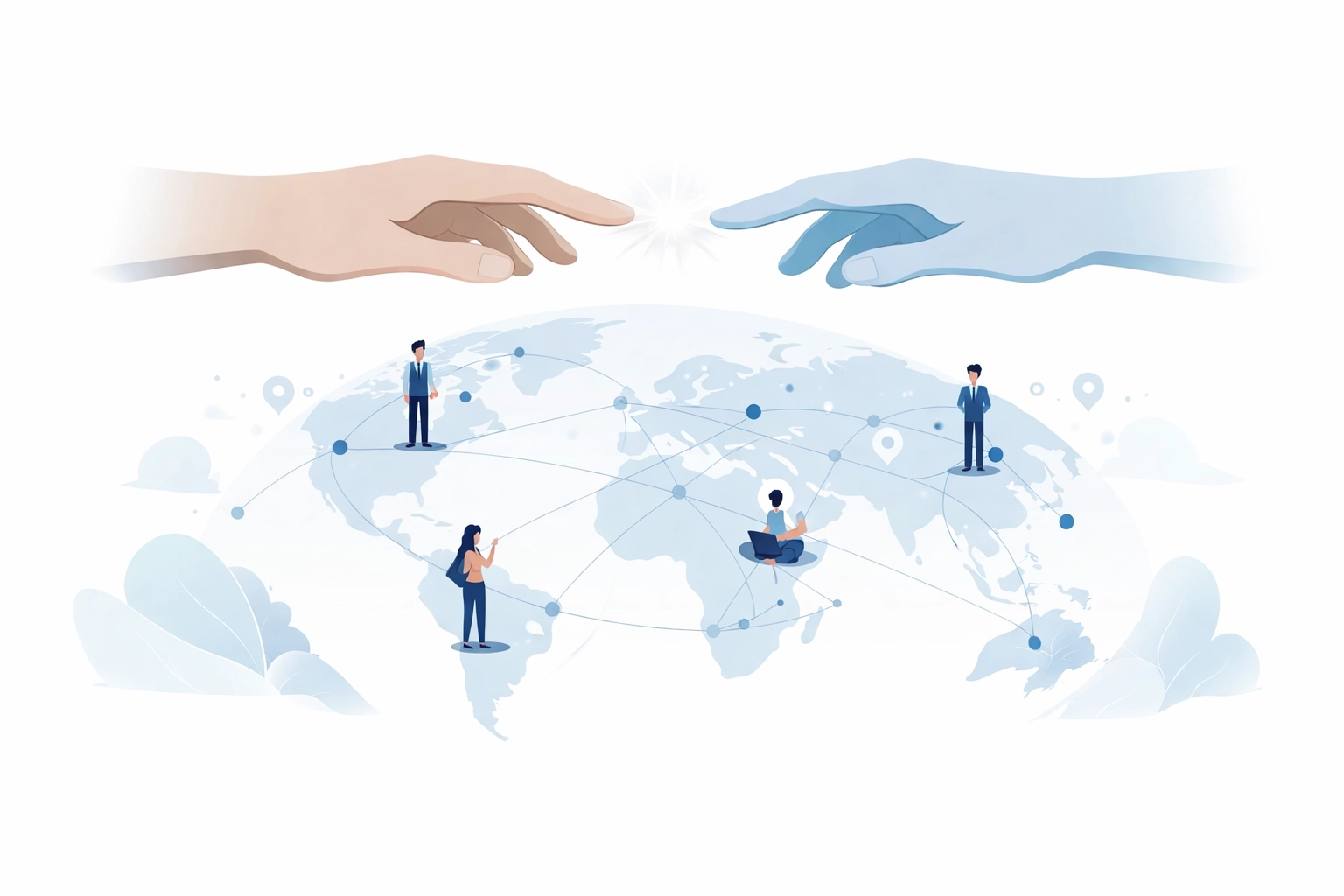 Hands reaching across a globe, connected by people and lines, illustrating global disciple making and unity