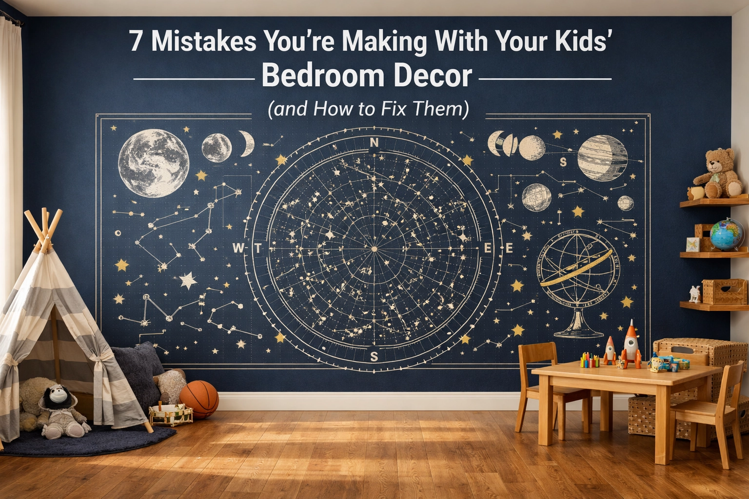 Kids' bedroom wall mural featuring a celestial star map, creating a creative backdrop for a functional play zone.