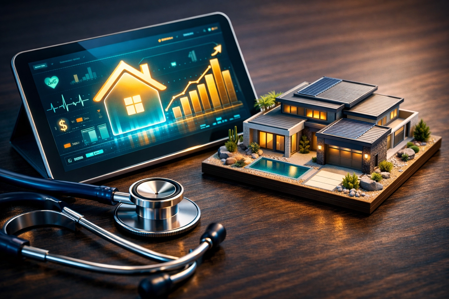 Digital dashboard showing the Rewarding Heroes enrollment portal with a stethoscope and Phoenix home model.