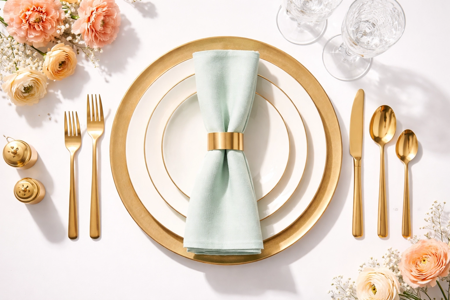Overhead view of luxury table setting with gold-rimmed plates, mint napkin, and crystal glassware