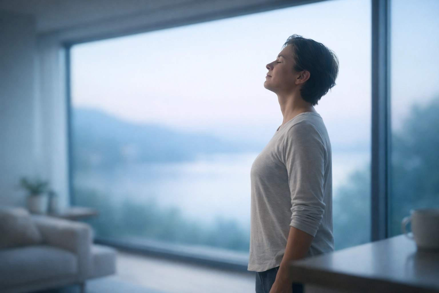 A person practicing mindful breathing by a window to support nervous system regulation and healthy habits.