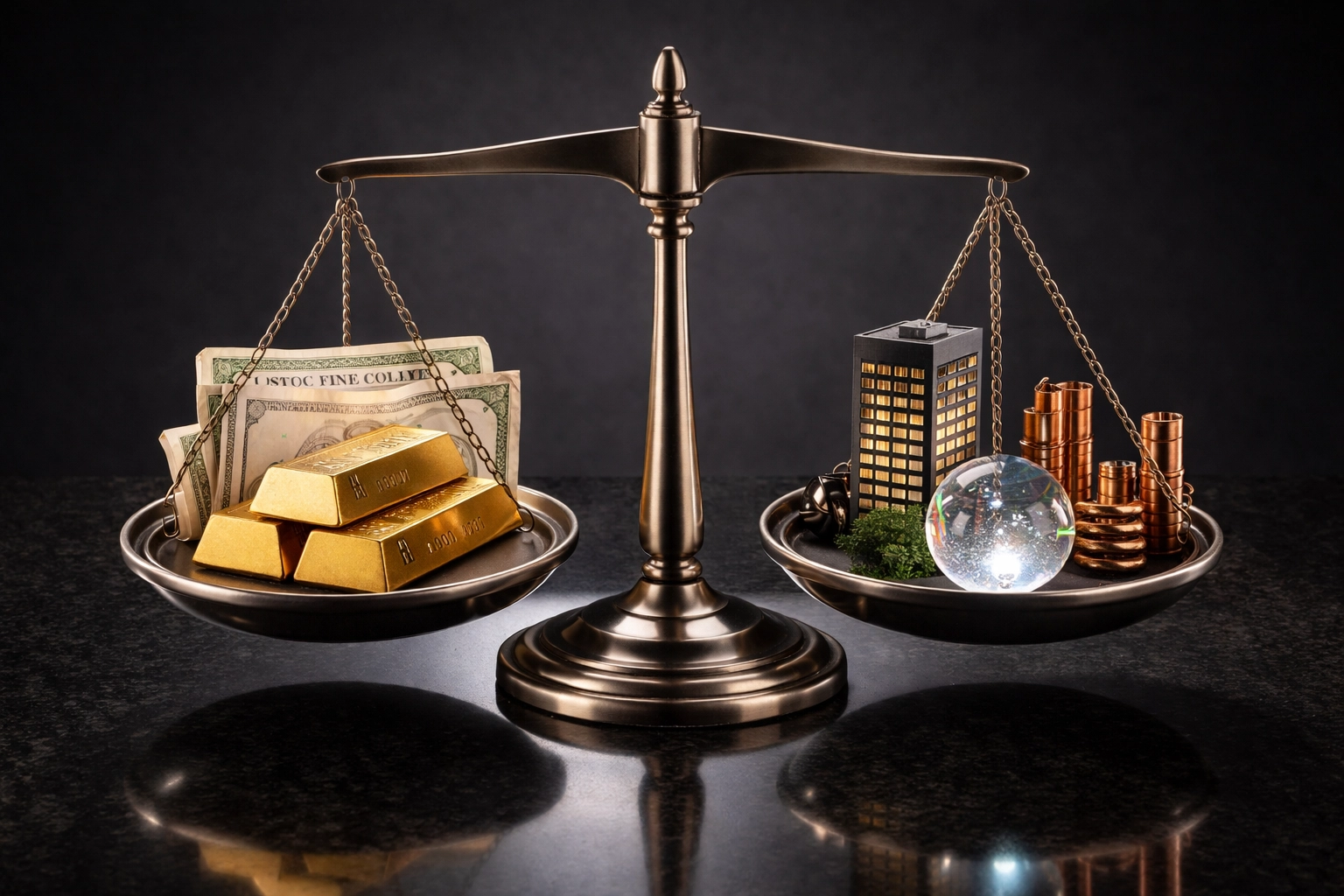 Balanced scale weighing traditional assets against alternative investments, illustrating portfolio diversification.