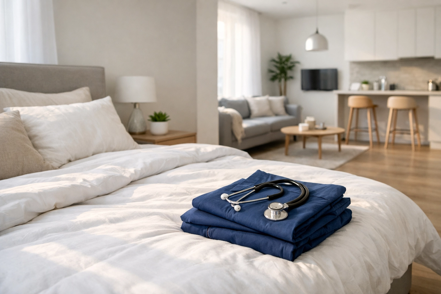 Modern Seattle travel nurse apartment interior with medical scrubs on a plush bed, near UW Medical Center.