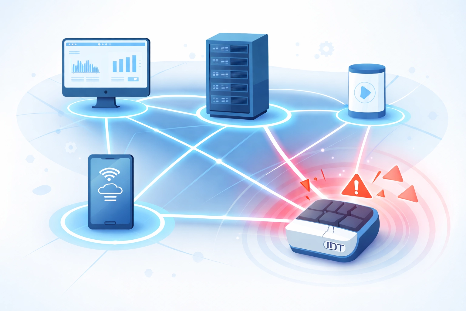 Networked devices connected, one compromised, representing how outdated software exposes entire networks