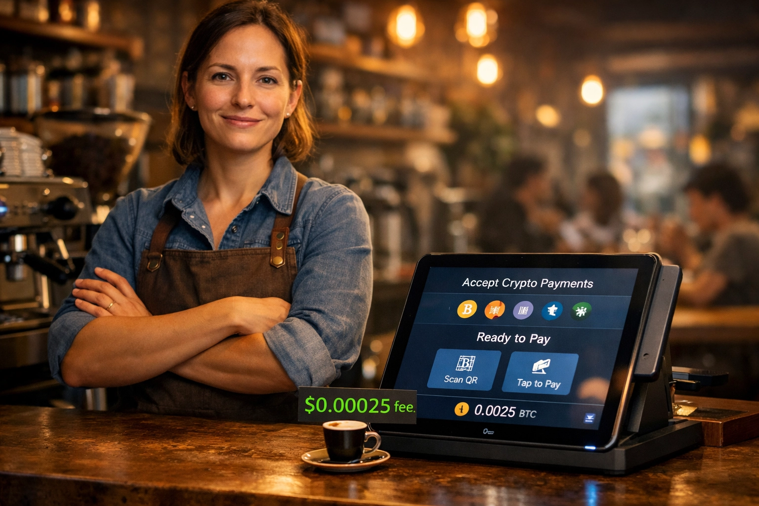 Small business owner using crypto POS system in coffee shop for low-fee transactions