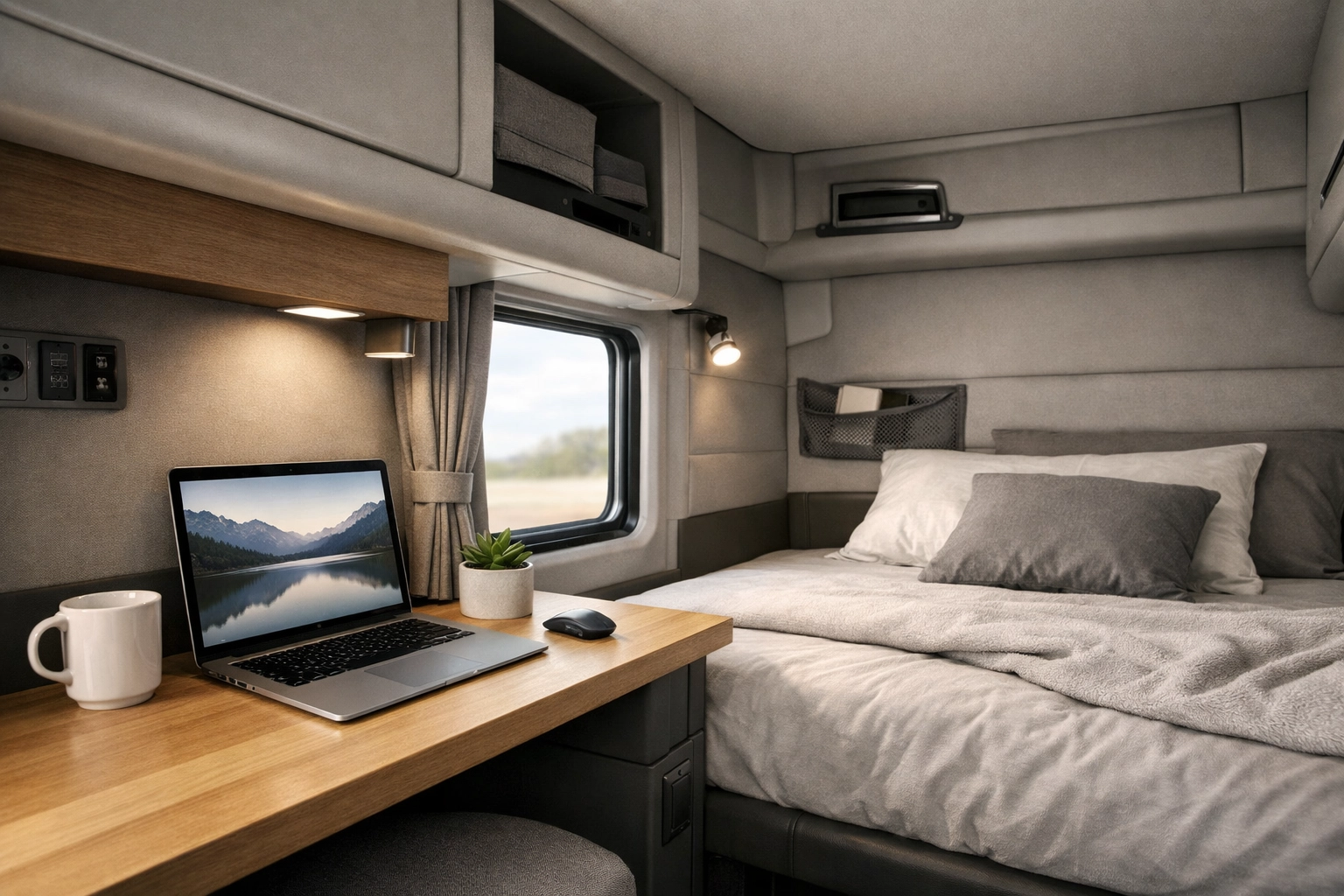 A clean truck sleeper berth with a laptop on a desk showing a connected workspace for OTR drivers.