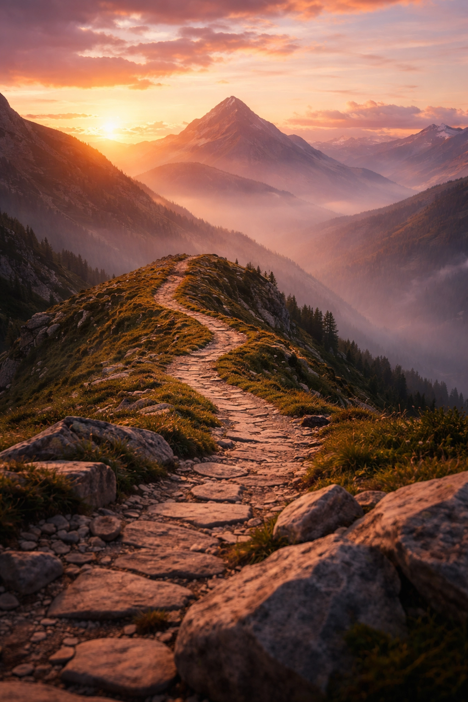 Mountain path at sunset symbolizing the patient and strategic long-term approach to building wealth