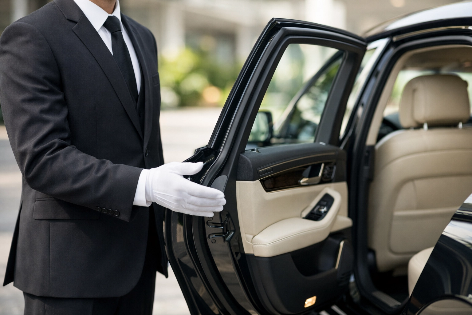 Professional chauffeur providing elite car service for corporate VIPs at a luxury hotel entrance.